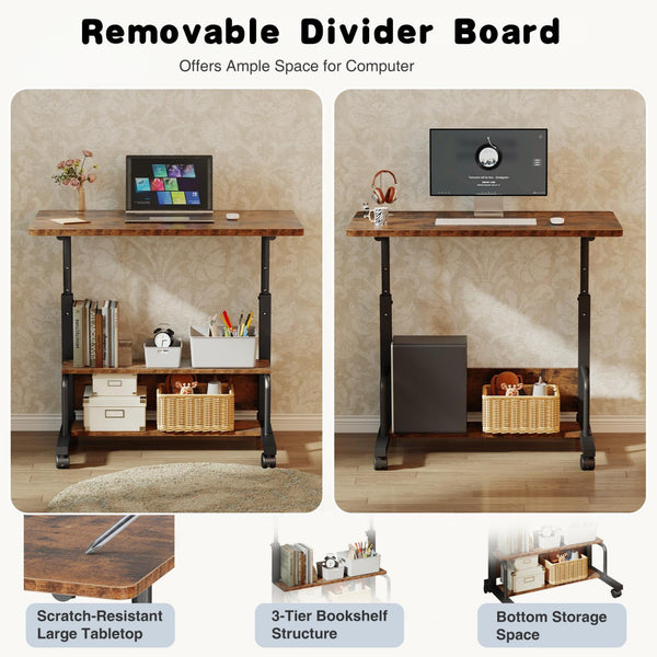 CONCETTA 31.5'' Adjustable Height Rolling Computer Desk with Storage Shelves, Portable Mobile Desk for Small Spaces Home Office