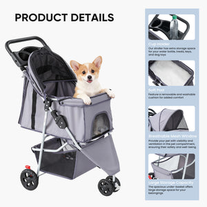 CONCETTA 3-Wheel Foldable and Waterproof Pet Stroller - Jogger Stroller for Small and Medium Dogs and Cats with Cup Holder and Removable Liner