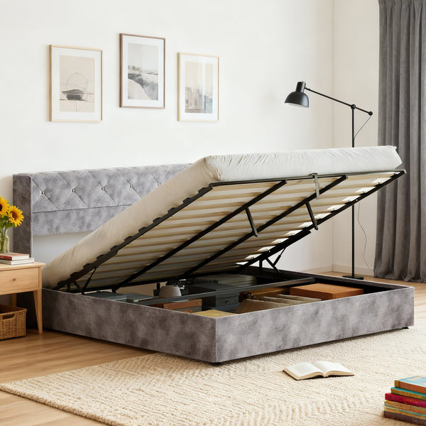 CONCETTA Metal full-size lift storage bed, modern wing-style headboard, velvet soft cushions, hydraulic support, no need for spring box, gray