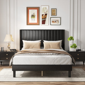 CONCETTA Full Size Bed Frame with Wingback PU Upholstered Headboard and Wooden Slats Support, No Box Spring Needed, Easy Assembly, Black