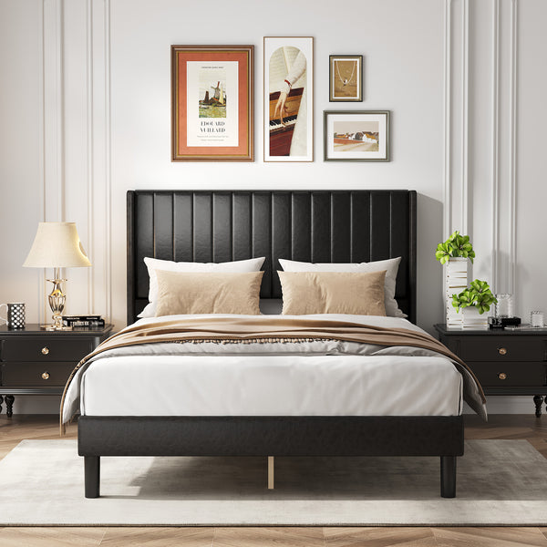 CONCETTA Full Size Bed Frame with Wingback PU Upholstered Headboard and Wooden Slats Support, No Box Spring Needed, Easy Assembly, Black
