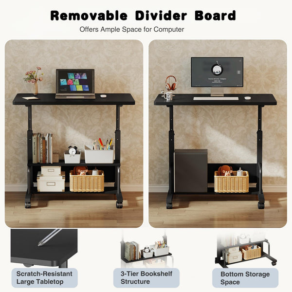 CONCETTA 31.5'' Adjustable Height Rolling Computer Desk with Storage Shelves, Portable Mobile Desk for Small Spaces Home Office