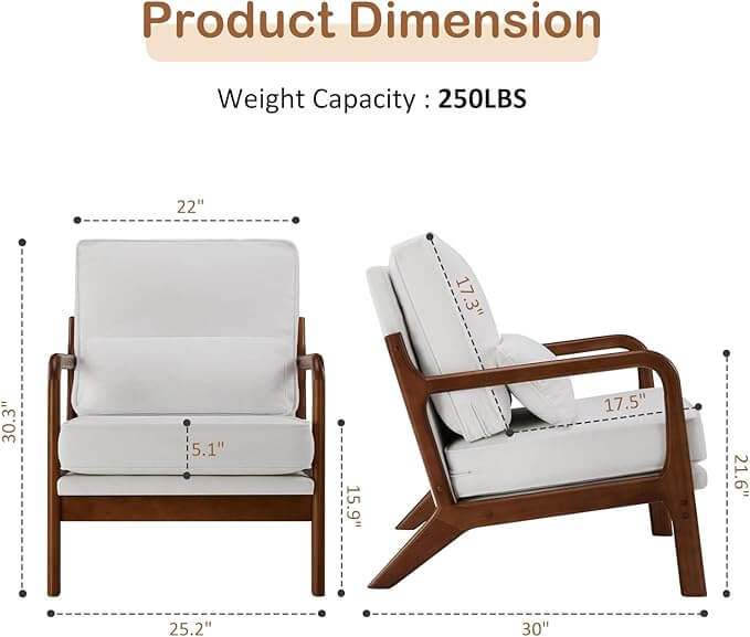 CONCETTA Accent Chair Mid Century Modern Chairs with Pillow, Upholstered Lounge Seating Side with Solid Wood Frame & Soft Cushion, for Living Room, Bedroom, Balcony, Light Beige