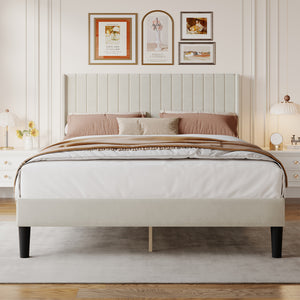CONCETTA Full Size Bed Frame with Wingback PU Upholstered Headboard and Wooden Slats Support, No Box Spring Needed, Easy Assembly, Black