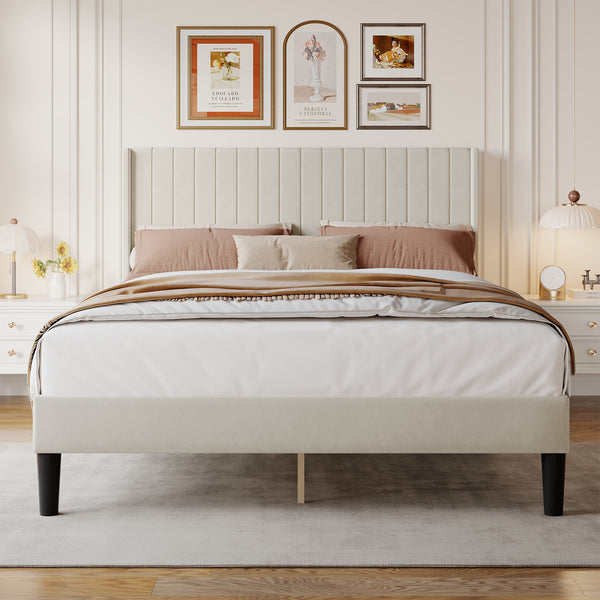 CONCETTA Full Size Bed Frame with Wingback PU Upholstered Headboard and Wooden Slats Support, No Box Spring Needed, Easy Assembly, Black