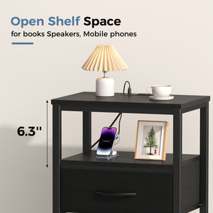 CONCETTA Small Night Stand with Charging Station, 1 Fabric Drawer, USB Ports and Outlets, Open Storage Shelf Bedside End Table for Bedroom, Black，Black Brown,Rustic Brown，White