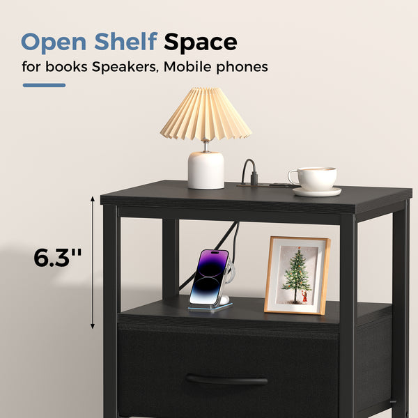 CONCETTA Small Night Stand with Charging Station, 1 Fabric Drawer, USB Ports and Outlets, Open Storage Shelf Bedside End Table for Bedroom, Black，Black Brown,Rustic Brown，White