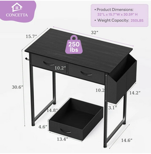32/48 inch Small Desk with Fabric Drawers for Adult, Vanity Desk with Storage for Bedroom, Black