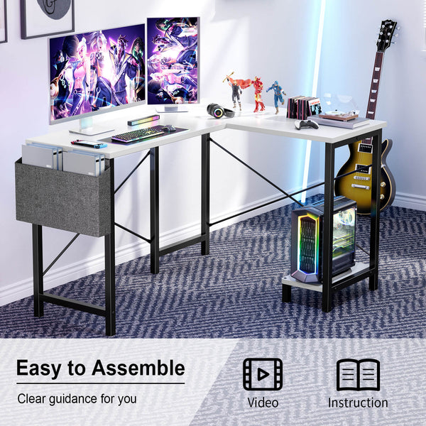 CONCETTA L-Shaped Computer Desk - 50" Corner Gaming Table with Console Shelf and Side Storage Pocket for Office, Bedroom, Living Room
