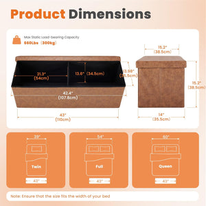 CONCETTA 43" Storage Ottoman – Foldable Faux Leather Stool with Storage, 660 lb Capacity, for Bedroom, Living Room, Entryway, Brown
