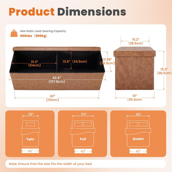 CONCETTA 43" Storage Ottoman – Foldable Faux Leather Stool with Storage, 660 lb Capacity, for Bedroom, Living Room, Entryway, Brown