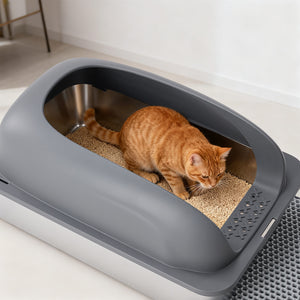 24in Stainless Steel Cat Litter Box with Lid, Large Cat Litter Box for Cats, High Wall Sides, Anti-Urine Leakage, Easy Cleaning, Scoop and Mat Included