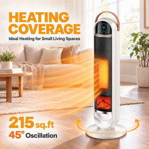 SHOUFTW 1500W Tower Space Heater for Indoor Use, Electric Heater with Static Simulated Flame, 45° Oscillation, Child Lock, Overheat & Tip-Over Safety