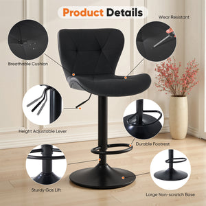 CONCETTA Set of 2 Swivel Bar Stools - Adjustable Height Modern Fabric Upholstered Barstools Counter Bar Chairs with Backrest for Kitchen Island & Home Bar