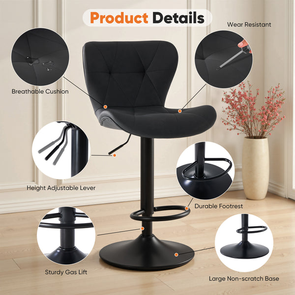 CONCETTA Set of 2 Swivel Bar Stools - Adjustable Height Modern Fabric Upholstered Barstools Counter Bar Chairs with Backrest for Kitchen Island & Home Bar