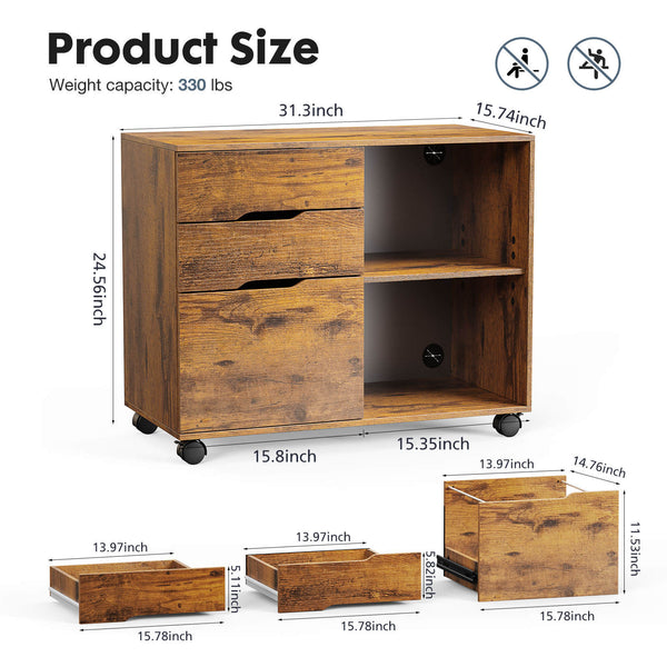 CONCETTA Lateral File Cabinet - with 3 Drawers, Rolling Wooden File Storage Drawer, Black Printer Stand Under Desk Organiser for Office, Home