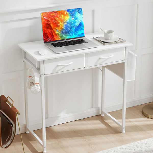JOINSUN 32/48 Inch Small Desk with Fabric Drawers & Storage Bag Iron Hook, Computer Desk,White Vanity Desk with Storage for Bedroom