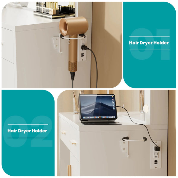 CONCETTA Vanity Desk with Mirror and Lights, Makeup Vanity Table with Hair Dryer & Power Outlet, 2-Drawer Dressing Table for Bedroom,White