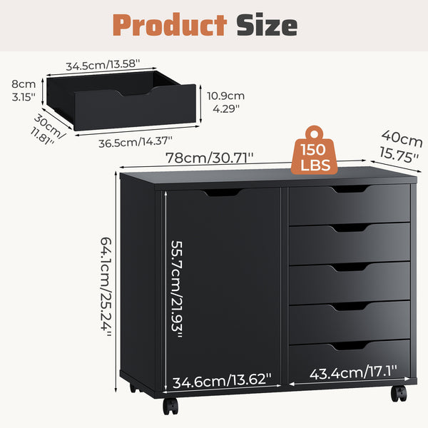 CONCETTA 5-Drawer Wood Storage Cabinet for Office & Home, Mobile Lateral Filing Cabinet, Printer Stand Cabinet with Adjustable Shelf, Wheels with Breaker