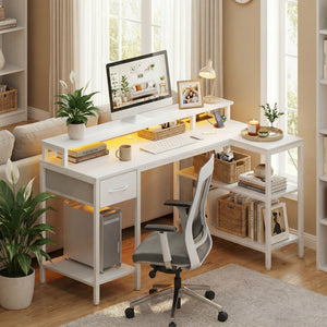 CONCETTA 53 inch L-Shaped Gaming Desk, Reversible Design with LED Lighting, Power Outlets and Double-Tier Storage, White for Home Office