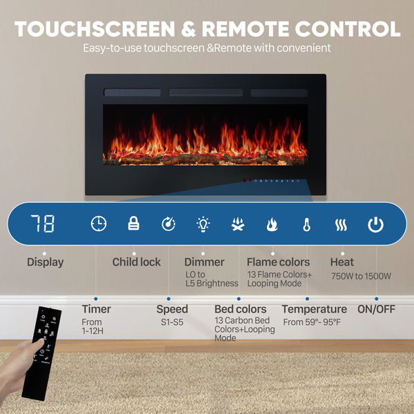SHOUFTW Electric Fireplace Heater, 5000BTU Recessed Fireplace Insert, Wall‑Mounted & Freestanding for Indoor Living Room Bedroom Office Decor
