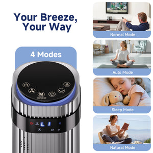 SHOUFTW Tower Fan Standing Bladeless, 23ft/s Velocity Quiet, 64° Oscillating with 5 Speeds, 4 Modes, 12H Timer for Indoor Bedroom