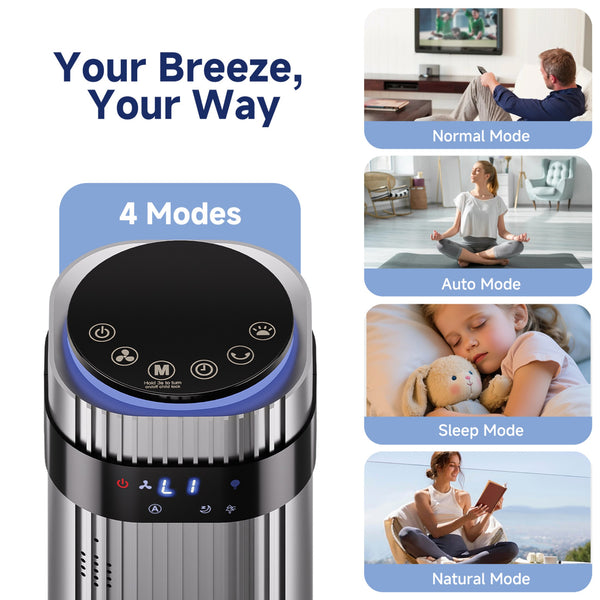 SHOUFTW Tower Fan Standing Bladeless, 23ft/s Velocity Quiet, 64° Oscillating with 5 Speeds, 4 Modes, 12H Timer for Indoor Bedroom