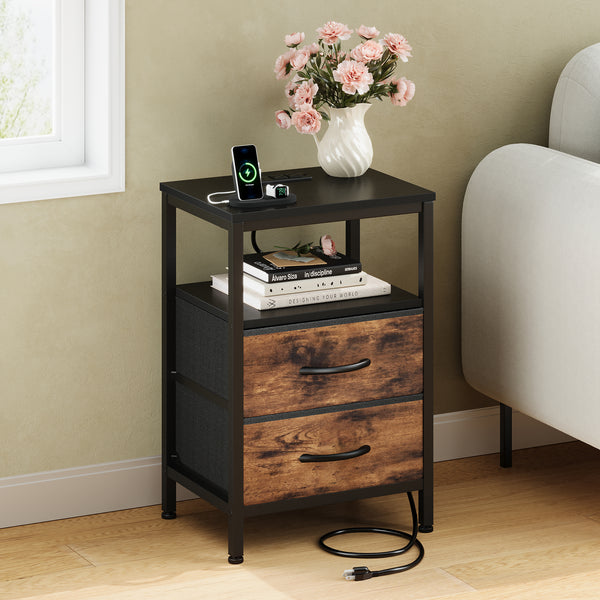 CONCETTA Small Nightstand with Charging Station, 2 Fabric Drawer, End Table with USB Ports and Outlets for Bedroom, Black，Black Brown，Rustic Brown，White