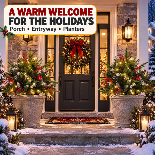 SHOUFTW Pre-Lit Frosted Artificial Christmas Urn Filler, Small Xmas Tree with 50 Warm Lights, Pine Cones & Red Berries for Indoor Outdoor Holiday Decor