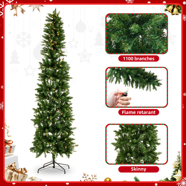4.5/6/7.5/9ft Pre-lit Pencil Christmas Tree, Artificial Slim Christmas Tree with LED Lights and Solid Metal Stand,Green