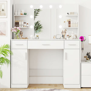 CONCETTA Modern Adult Vanity Desk 1 Piece with Mirror, Power Outlet and Lights, White Table Set