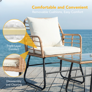 CONCETTA 3 Piece Outdoor Patio Furniture Set, Wicker Bistro Chairs with Glass Top Table for Apartment Balcony, Small Backyard, Porch and Deck
