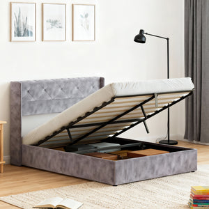 CONCETTA Metal full-size lift storage bed, modern wing-style headboard, velvet soft cushions, hydraulic support, no need for spring box, gray