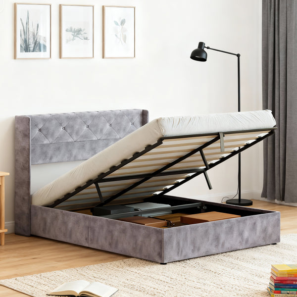 CONCETTA Metal full-size lift storage bed, modern wing-style headboard, velvet soft cushions, hydraulic support, no need for spring box, gray