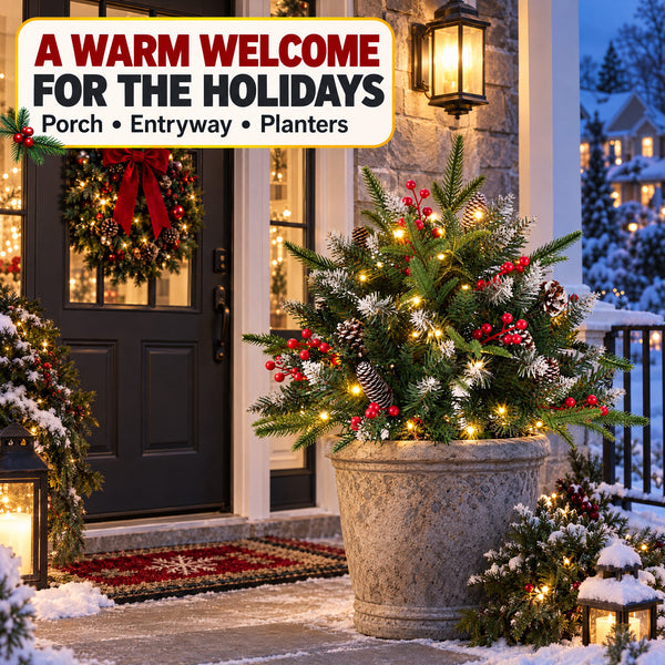 SHOUFTW Pre-Lit Frosted Artificial Christmas Urn Filler, Small Xmas Tree with 50 Warm Lights, Pine Cones & Red Berries for Indoor Outdoor Holiday Decor