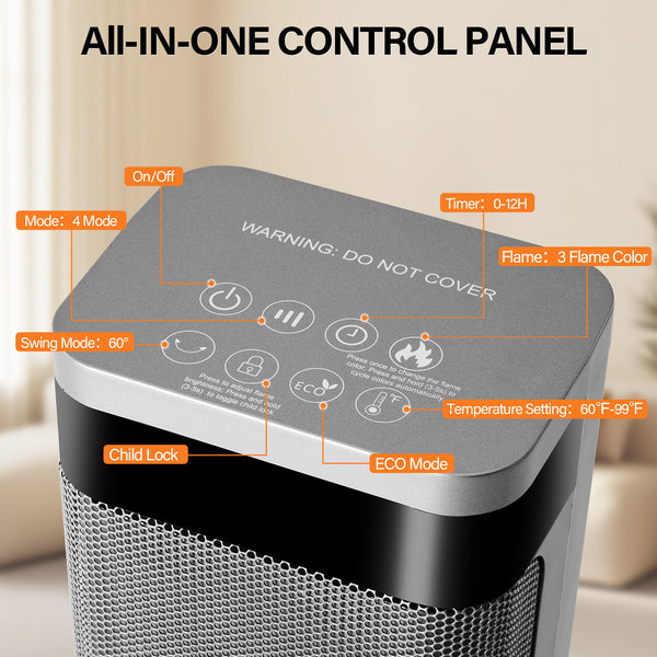 25" Portable Electric Space Heater with Remote Control, Adjustable Thermostat, and Safety Protection