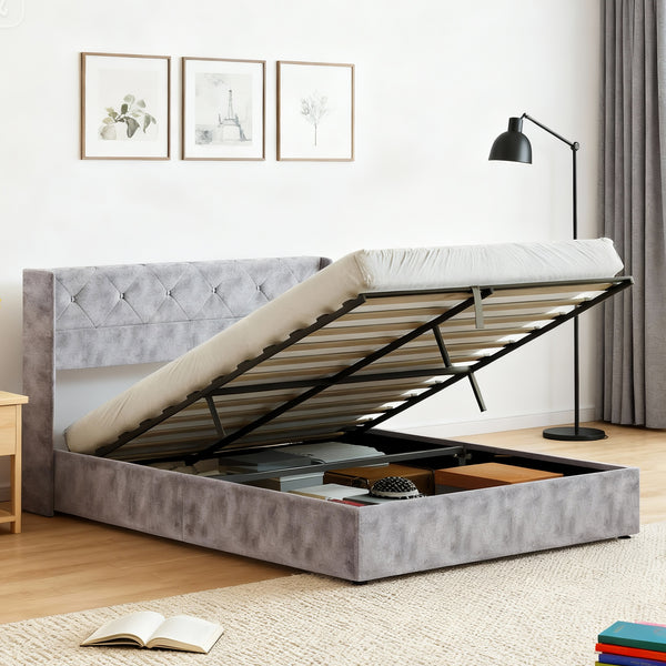 CONCETTA Metal full-size lift storage bed, modern wing-style headboard, velvet soft cushions, hydraulic support, no need for spring box, gray