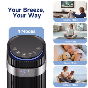 SHOUFTW Tower Fan Standing Bladeless, 23ft/s Velocity Quiet, 64° Oscillating with 5 Speeds, 4 Modes, 12H Timer for Indoor Bedroom