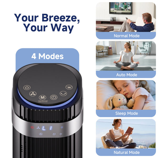 SHOUFTW Tower Fan Standing Bladeless, 23ft/s Velocity Quiet, 64° Oscillating with 5 Speeds, 4 Modes, 12H Timer for Indoor Bedroom