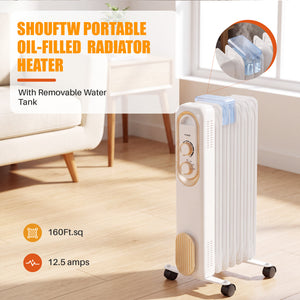 SHOUFTW 1500W Portable Oil Filled Radiator Heater with Electric Adjustable Thermostat. Automatic Power-off and Tip-Over Protection, Quiet Heating for Home
