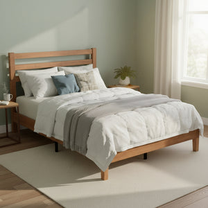 Wood Bed Frame with Headboard, Walnut Finish, Sturdy Slat Support, Ideal for Bedroom and Guest Room
