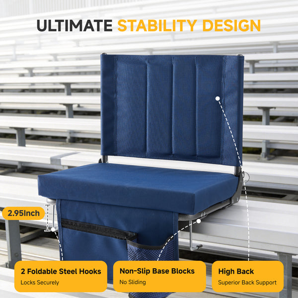 CONCETTA Stadium Seats with Back Support, 350 LBS Weight Capacity Thick Padded Bleacher Chair with Cup Holder, Storage Pocket, Padded Shoulder Strap & Built-in Handle for Sports Events