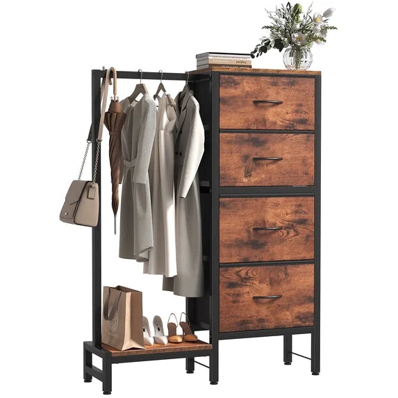 CONCETTA 4 Drawers Dresser with Hanging Rack, 44-inch Tall Reversible Fabric Chest, Bedroom Storage Tower