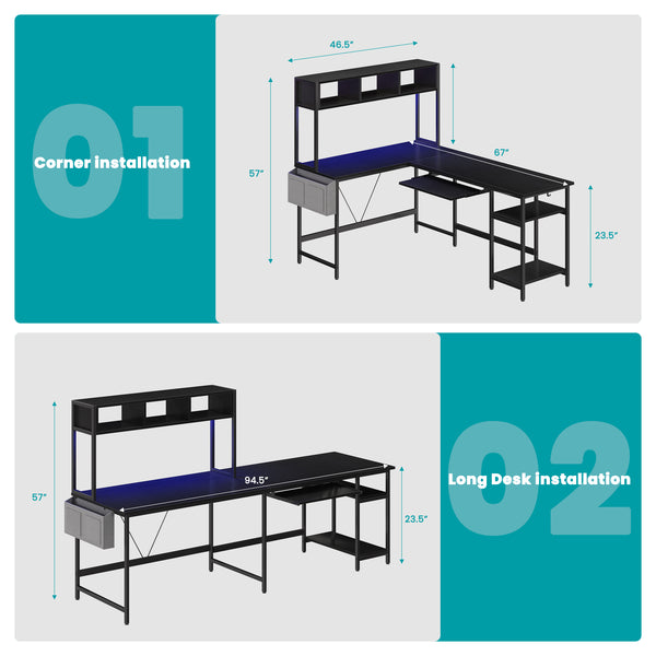 67" Reversible L-Shaped Desk with LED Lights, Power Outlets, Drawer, Keyboard Tray & Hutch