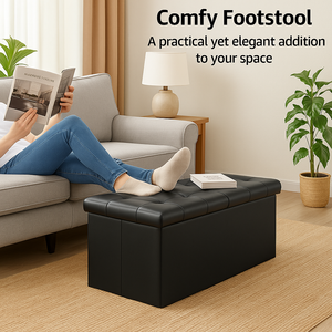 30" Storage Ottoman – Foldable Faux Leather Stool with Storage, 660 lb Capacity, for Bedroom, Living Room, Entryway, Black