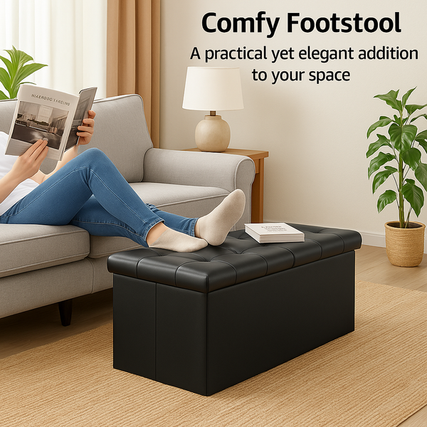 30" Storage Ottoman – Foldable Faux Leather Stool with Storage, 660 lb Capacity, for Bedroom, Living Room, Entryway, Black