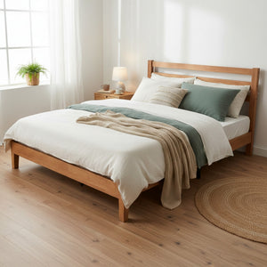 Wood Bed Frame with Headboard, Walnut Finish, Sturdy Slat Support, Ideal for Bedroom and Guest Room