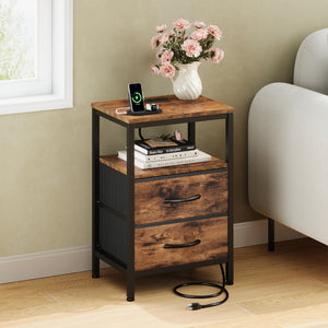 CONCETTA Small Nightstand with Charging Station, 2 Fabric Drawer, End Table with USB Ports and Outlets for Bedroom, Black，Black Brown，Rustic Brown，White