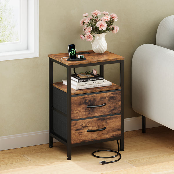 CONCETTA Small Nightstand with Charging Station, 2 Fabric Drawer, End Table with USB Ports and Outlets for Bedroom, Black，Black Brown，Rustic Brown，White