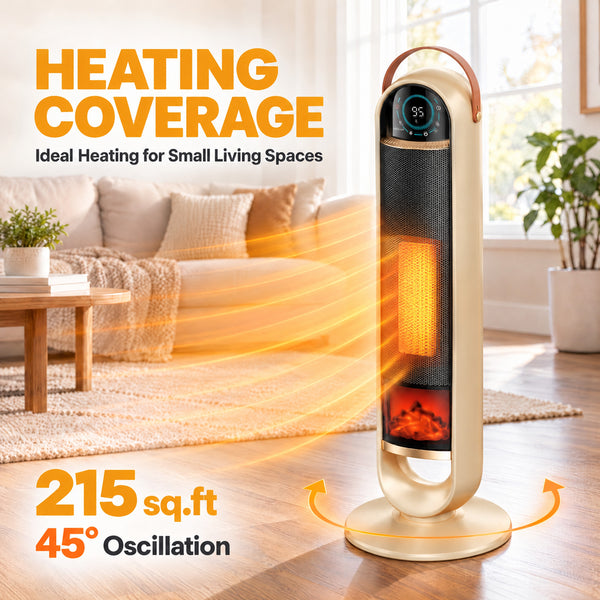 SHOUFTW 1500W Tower Space Heater for Indoor Use, Electric Heater with Static Simulated Flame, 45° Oscillation, Child Lock, Overheat & Tip-Over Safety